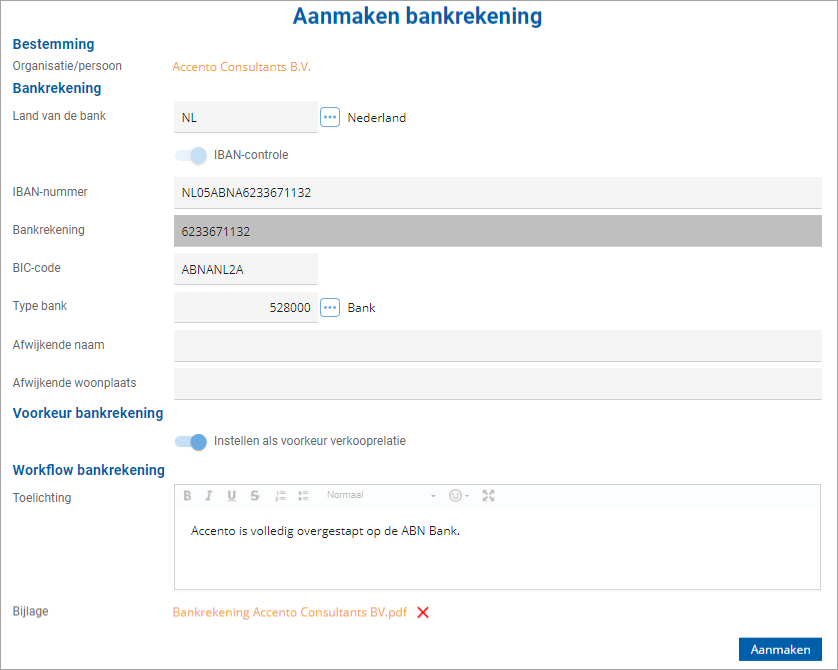 Sales_Nieuwe bankrekening bij organisatie, inkoop- en verkooprelatie aanmaken